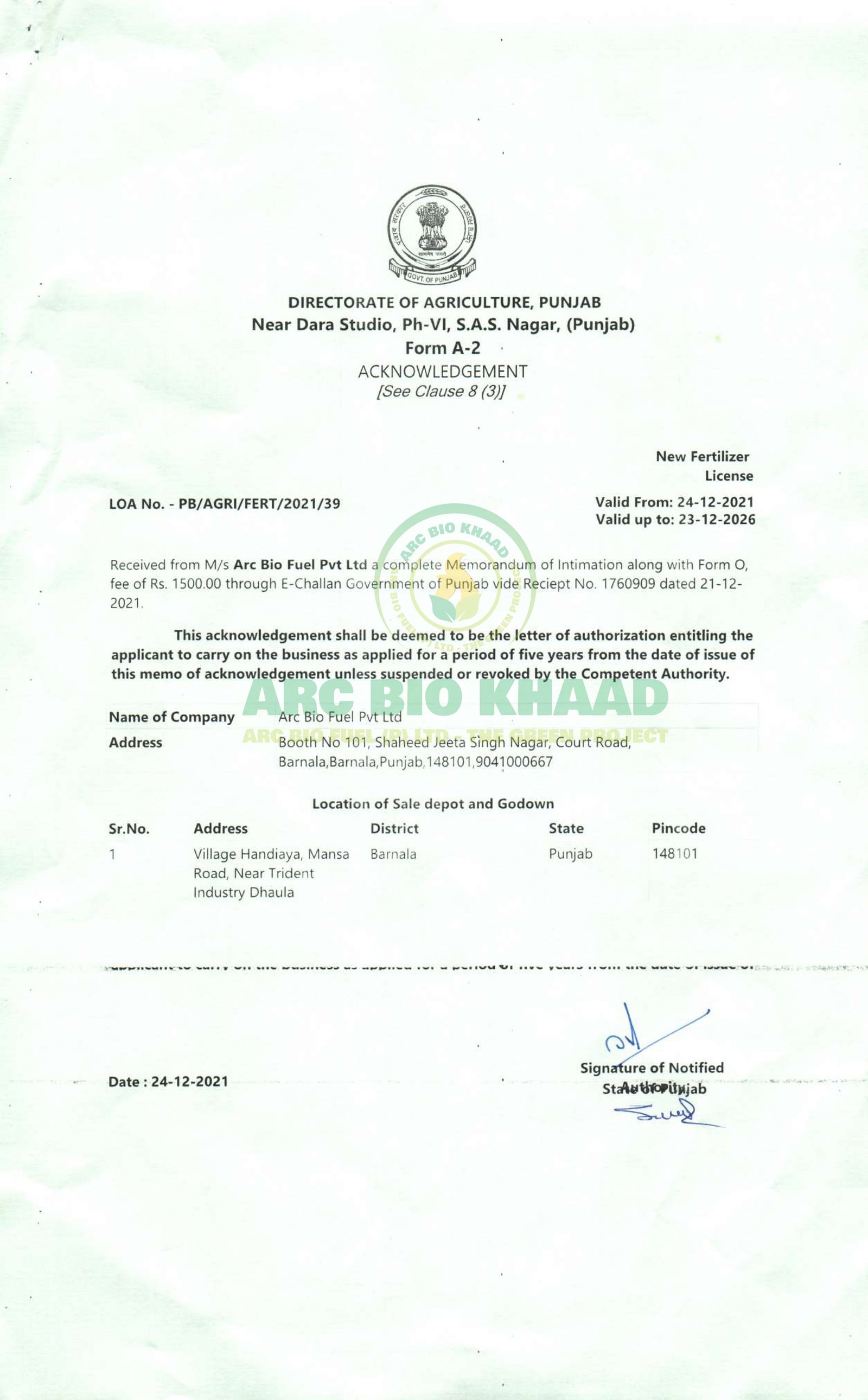 ORGANIC FERTILIZER LICENSE A