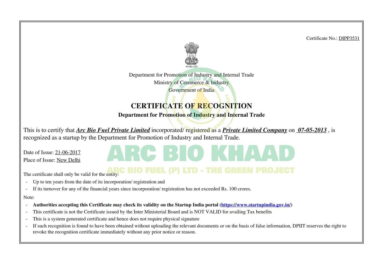 STARTUP INDIA CERTIFICATE