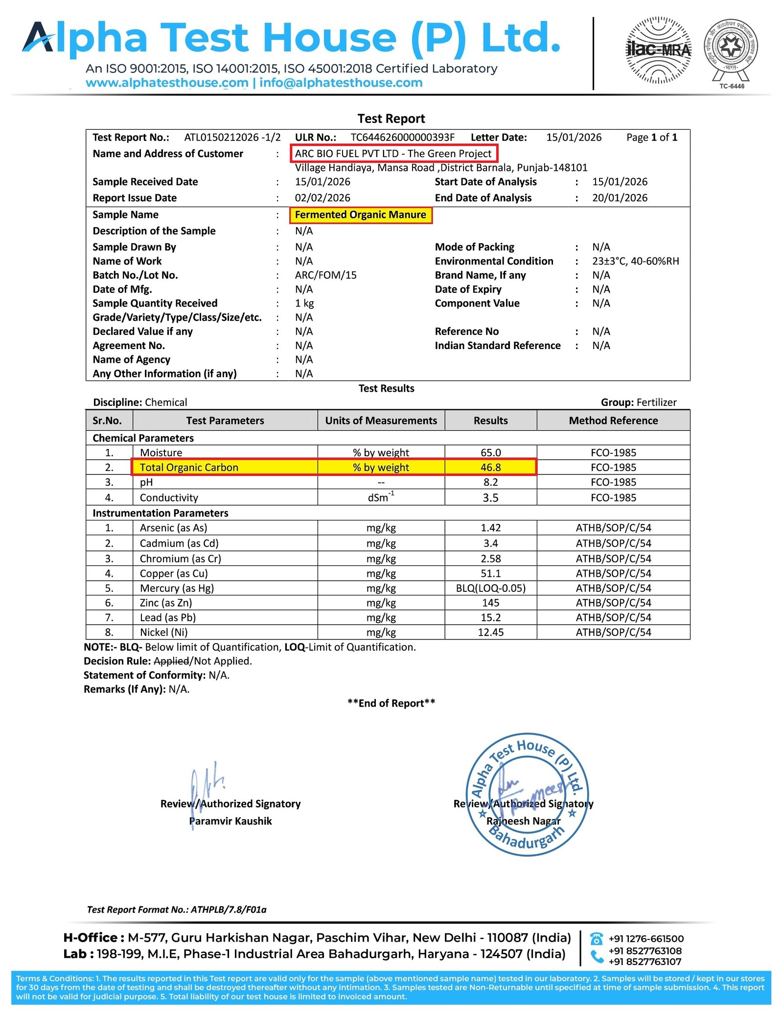 ORGANIC CARBON SOLID MANURE